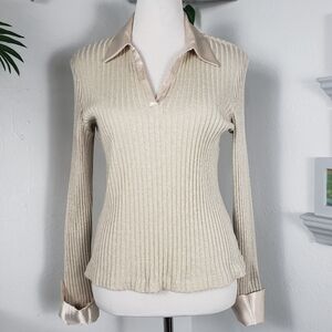 Chapter One Tan Ribbed Knit Satin French Cuffs Pullover V Neck sz Large